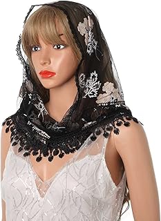 Aularso Lightweight Triangle Scarf Black Lace Scarf Floral Scarves Tassel Crochet Shawl Mantilla Tulle Embroidered Wrap Vintage Veils for Women (Black)â€¦