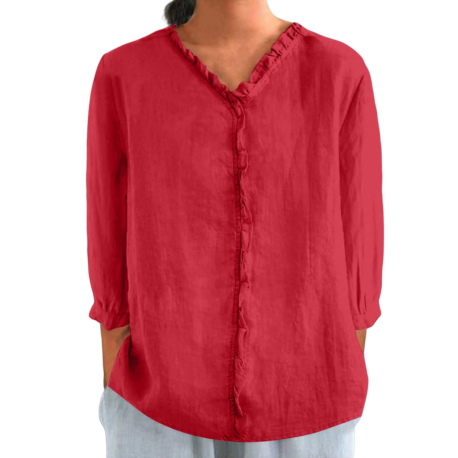 T-shirt à manches 3/4 pour femme, col en V, coton et lin, microfibre, chemises avec volants, couleur unie, tunique ample confortable, chemisier polyvalent, élégant, tendance, décontracté