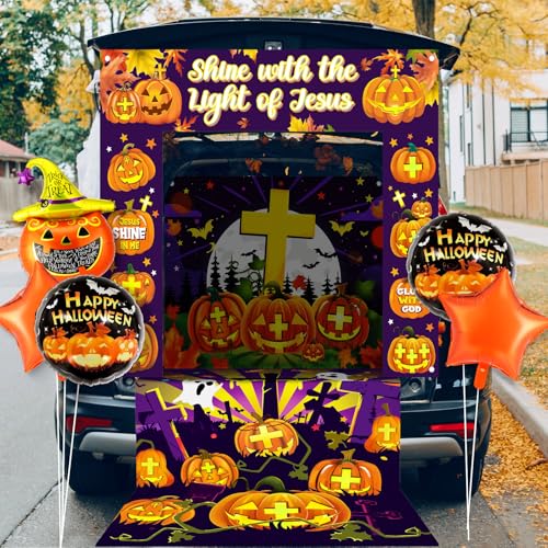 Shellwei 8 Pcs Halloween Religious Trunk or Treat Decorations Kit Christian Pumpkin Trunk or Treat Jesus Backdrop Religious Car Banner Balloons for Car Suv Archway Garage Decor