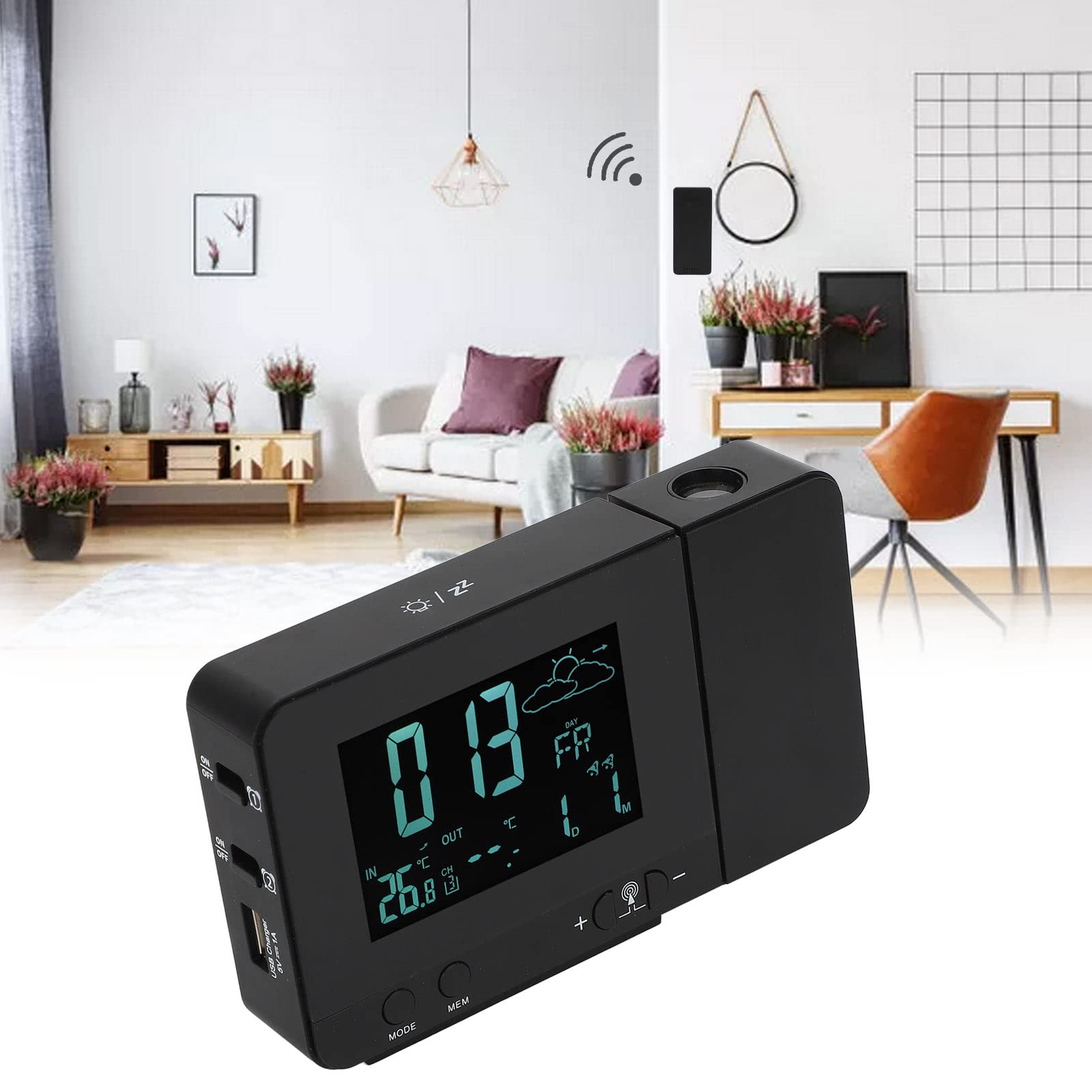 Zerodis Projektionswecker, Temperaturanzeige, 8 Farben mit Hintergrundbeleuchtung, Einstellbare Schlummerfunktion, USB-Wecker für Zuhause (EU-Stecker)
