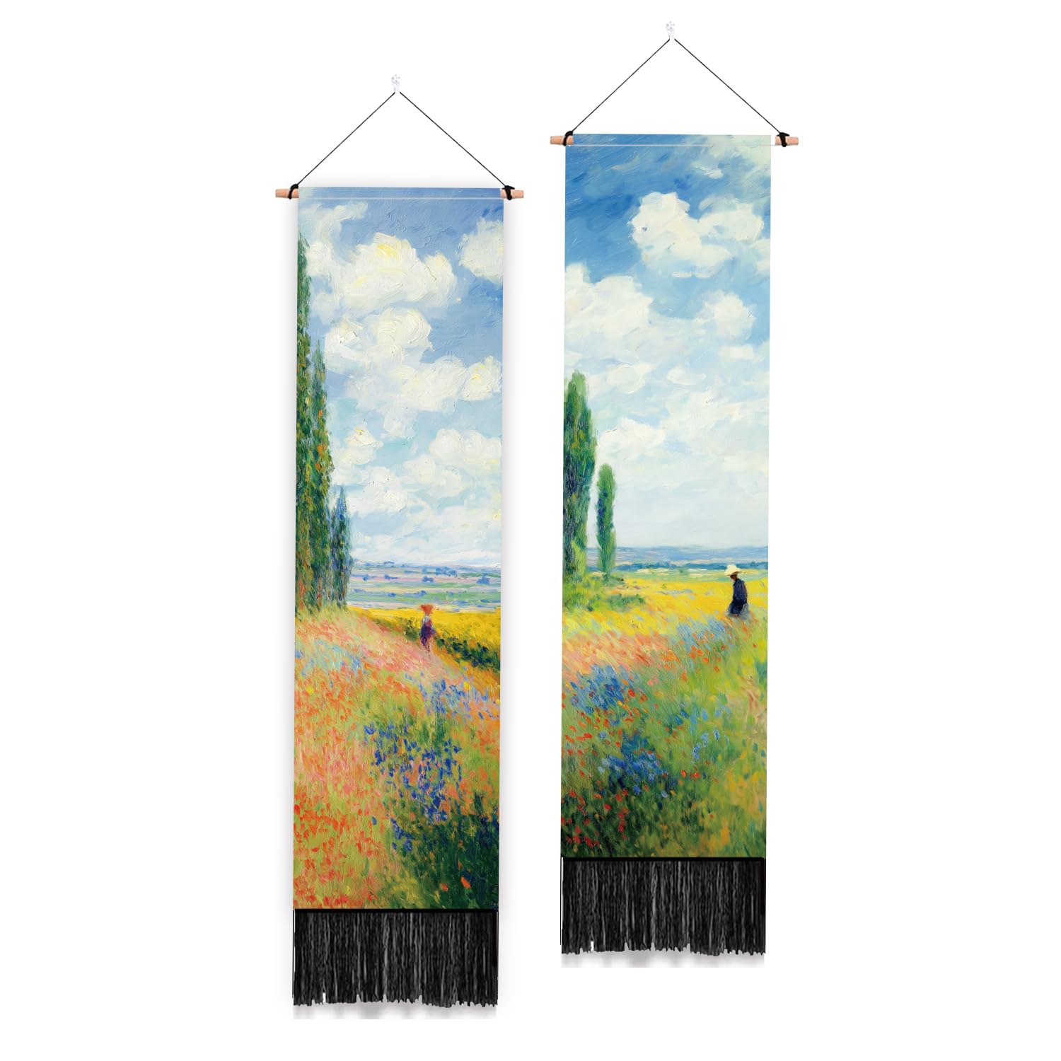 PLIGREAT 2 Pack Monet's Garden Vertical Wall Tapestry Decorative Aesthetic Tapestry Creative Oil Painting Field Wall Hanging with Tassels for Bedroom Living Room Home Decoration, 130 x 33cm
