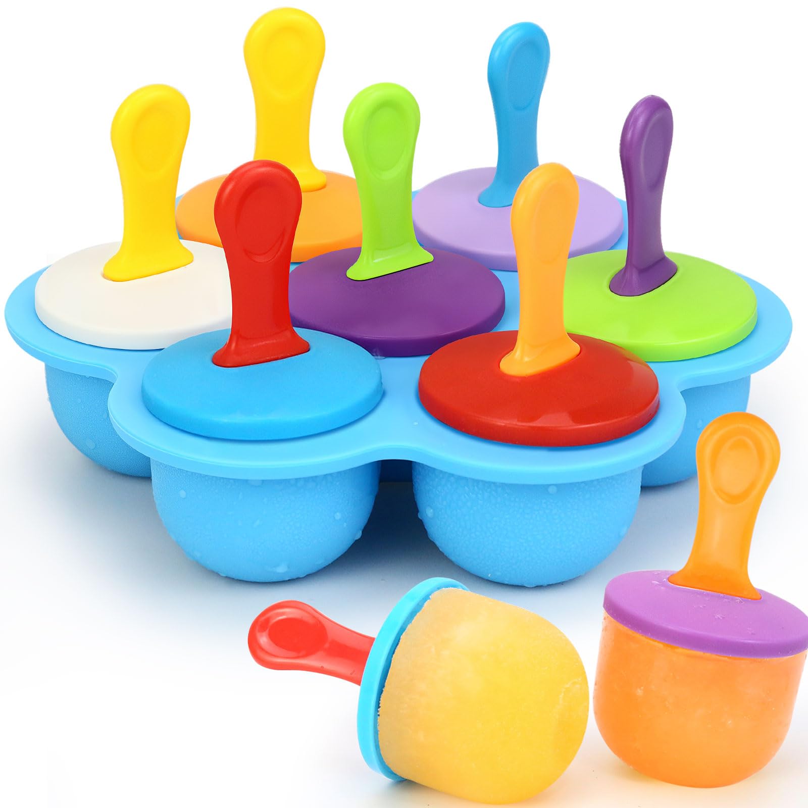 Alinana Ice Lolly Moulds with Sticks, 7 Cavities Silicone Popsicle Mould, BPA Free Reusable Ice Pop Moulds for Kids, DIY Homemade Frozen Treats, Freezer & Dishwasher Safe (Blue)