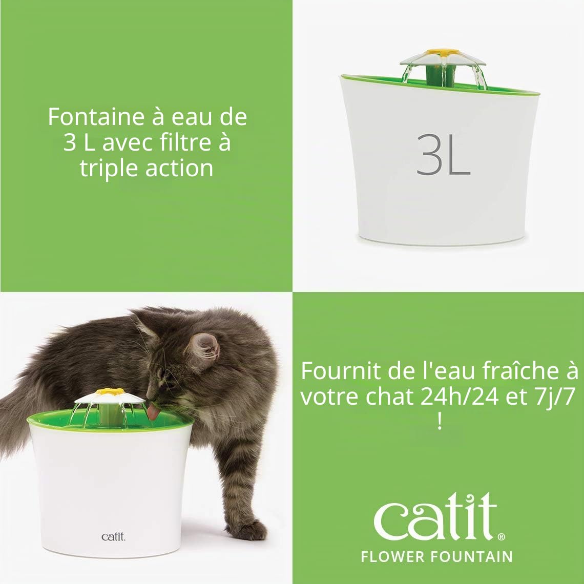 catit Fontaine à Fleurs Originale avec fenêtre de Niveau d'eau, 3 litres & Pack de 5 Filtres à Triple Action pour Abreuvoir pour Chat