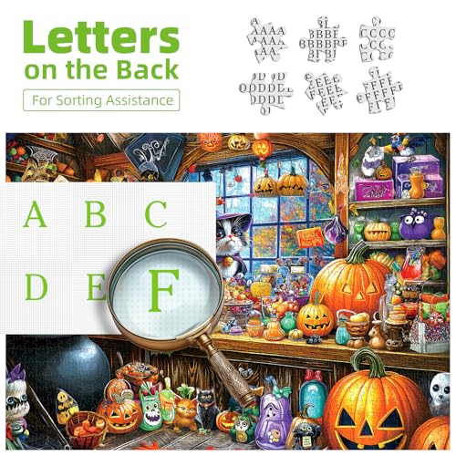 Image of Halloween Witch Cat 1000 Piece Puzzle for Adults Halloween Candy Store Jigsaw Puzzle Spooky Treats Scene Challenging Impossible Puzzle Fun Games for Adults & Family Game Night