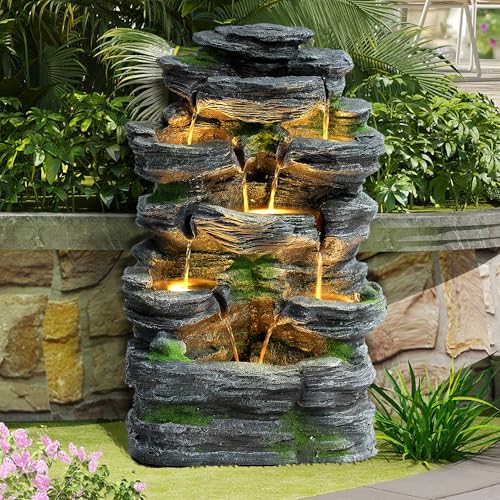 GIODIR Garden Fountains Outdoor, 7-Tiers Cascading Rock Water Fountain, 24.4' H Waterfall Fountain Indoor with 6 LED Lights and Moss for Patio, Yard and Home Art Decor, Natural Stone Look
