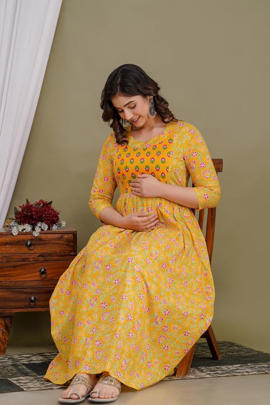 Image of Women's Pure Cotton Printed Maternity Gown /Maternity wear /Feeding Gown A-line Maternity Feeding Dress Maternity Kurti Gown for Women