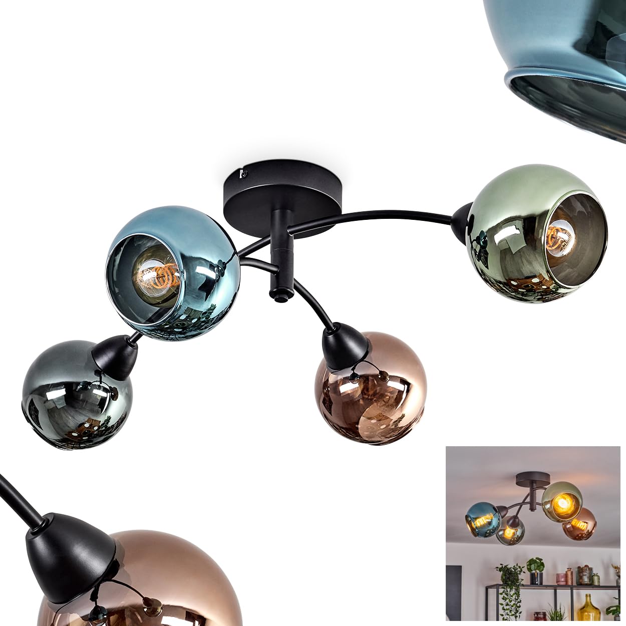 Plafoniera Linneryd, lampada da soffitto in metallo/vetro nei colori nero/verde/rame/blu/turchese, lampada dal design moderno vintage/retrò con paralumi in vetro (Ø 13 cm), 4 x E27, senza lampadine