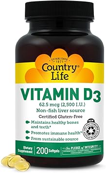 Country Life Vitamin D3 2500 IU Non-Fish Derived, High Potency Vitamin D3 for Bone Strength, Immune Support & Calcium Absorption Certified Gluten-Free, 200 Softgels