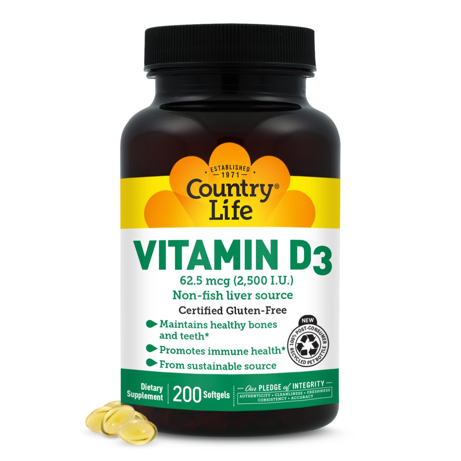 Country Life Vitamin D3 2500 IU – Non-Fish Derived, High Potency Vitamin D3 for Bone Strength, Immune Support & Calcium Absorption – Certified Gluten-Free, 200 Softgels