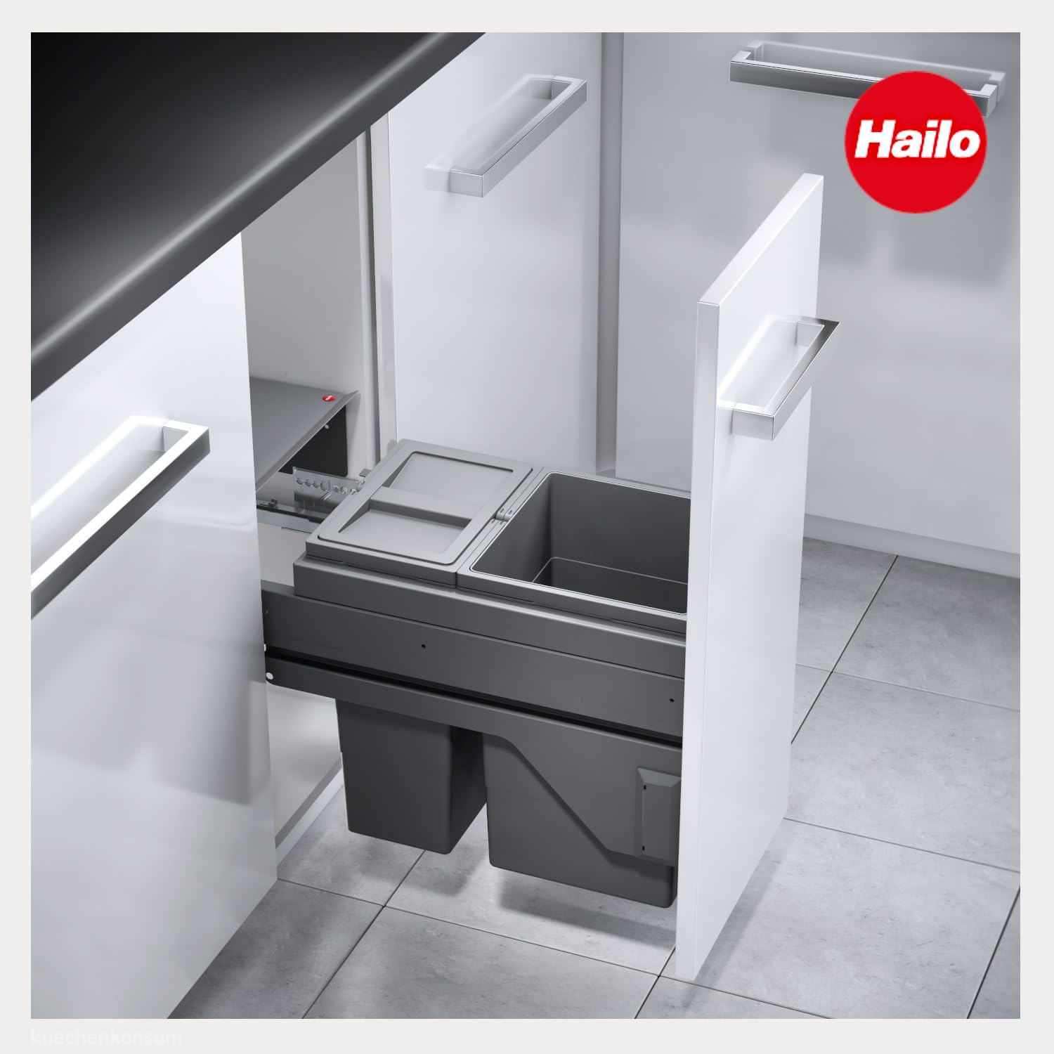 Hailo Abfallsammler 361087 | für 30 cm Schrank mit Möbelfront | 2fach Trennung 25 Liter | Mülleimer Auszugsystem | Dunkelgrau