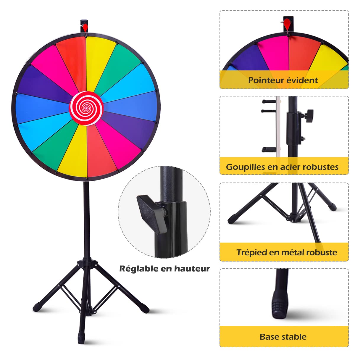 COSTWAY Roue de Prix, Prize Wheel de 60 cm, Roue de la Fortune 24 Pouces avec Trépied 14 Slot Roue de Loterie avec Stylo Effaçable…