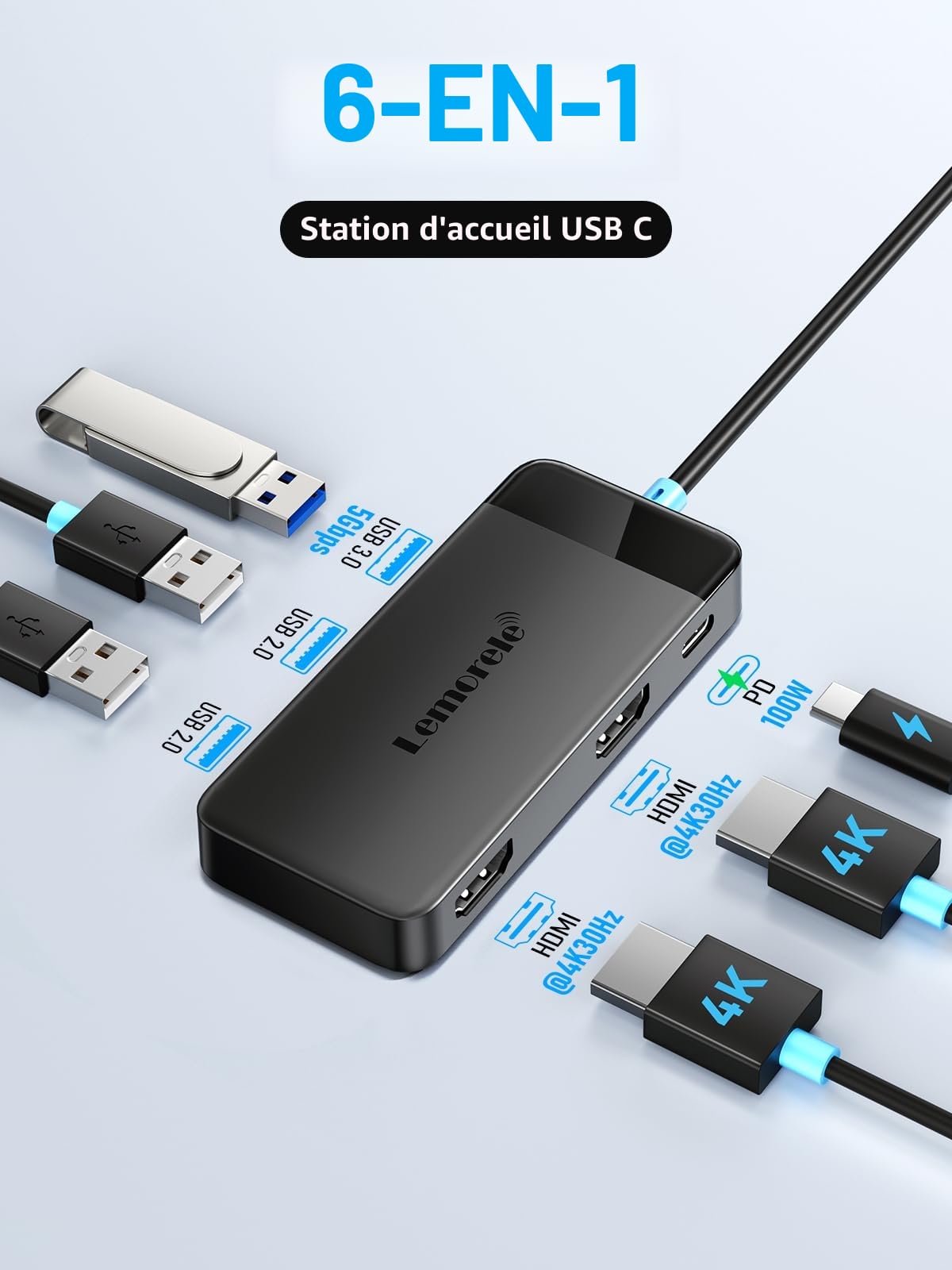 Lemorele 6 in 1 USB C Hub, Dual HDMI 4K, PD 100W, USB 3.0, 2*USB 2.0, Docking Station for MacBook, Dell, Surface, Steam Deck, Switch