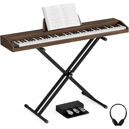UMOMO 88 Key Digital Piano Keyboard with Piano X Stand, Full Size Electric Piano with Headphone, 3 Pedal, Electronic Piano, Walnut