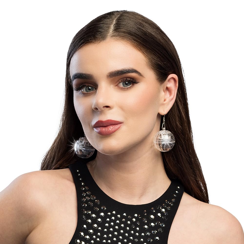 Boland 00749 Disco Ball Earrings with LED Light, Luminous Fashion Jewellery for Carnival, Disco, Festival