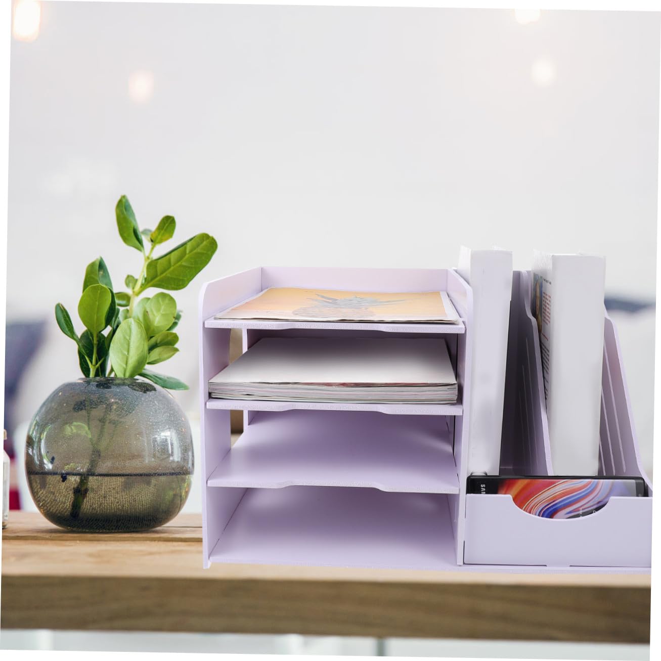 Archivador de plástico de madera de PVC multicapa con múltiples compartimentos, solución de almacenamiento de escritorio para documentos de estudio de oficina y papelería, práctico estante de archivo