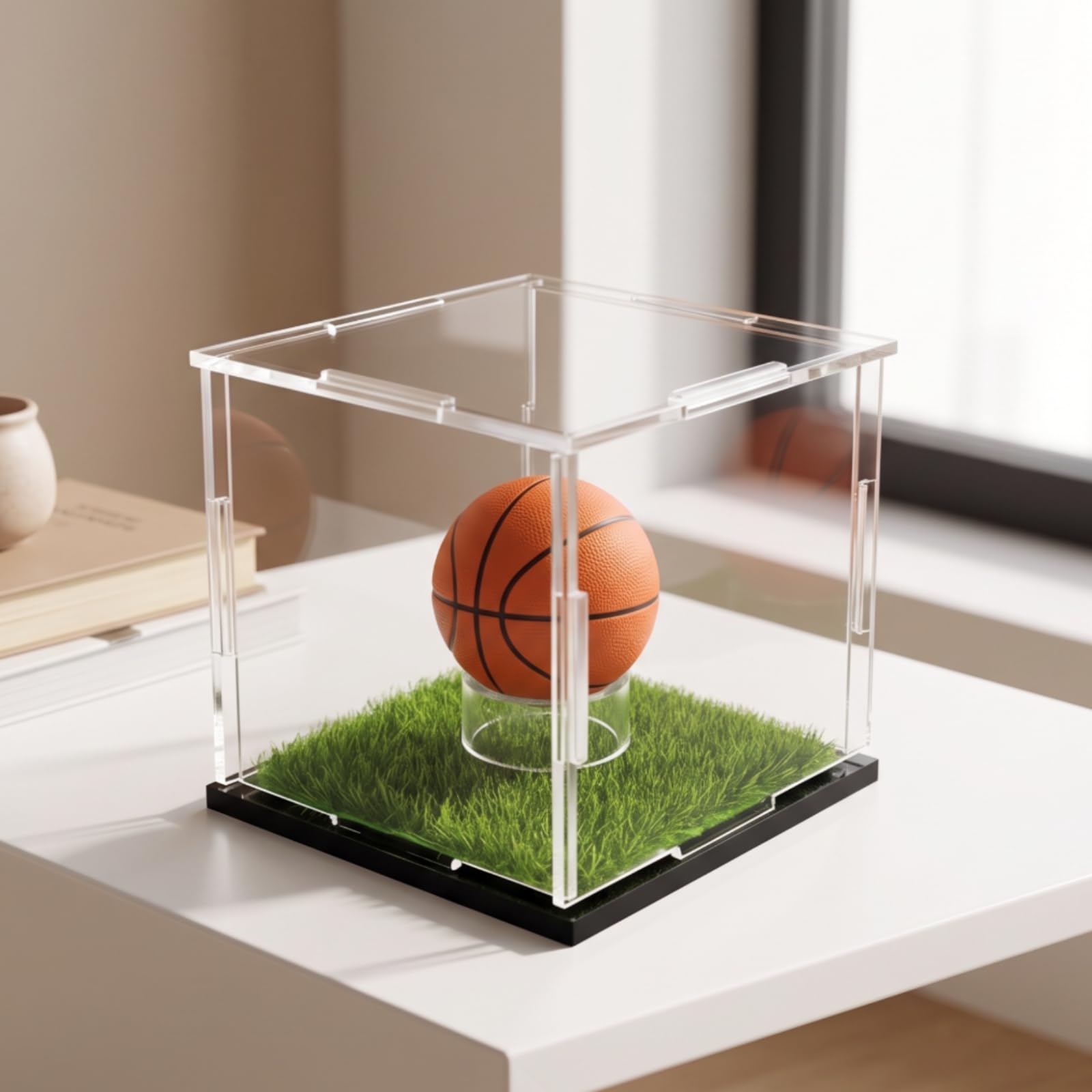 Contenitore Portaoggetti in Acrilico Scatola Teche Supporto Base Inserti Vetrina con Sintetica Funzione Esposizione Trasparente con Supporto per Mini Palla Adatto per Regalo, 30x20x20 Cm