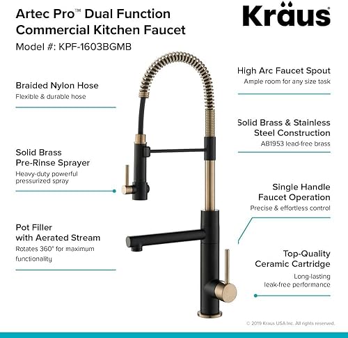 Miniatura 10 de KRAUS Artec Pro (1 generación) Grifo de cocina de un solo mango de estilo comercial (sin tirar) con relleno de olla en negro mate, KPF-1603MB