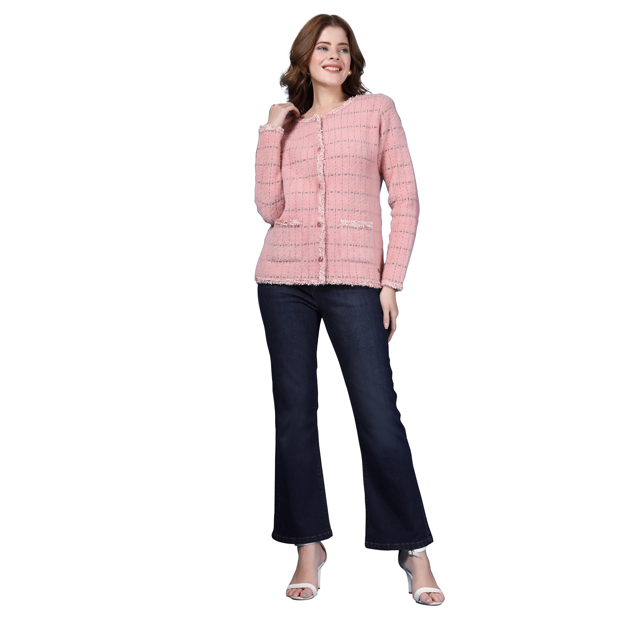 thirty threads Checked Woven Design Winterwear Woollen Cardigan Sweater Peach_T5W 25115-picture-23