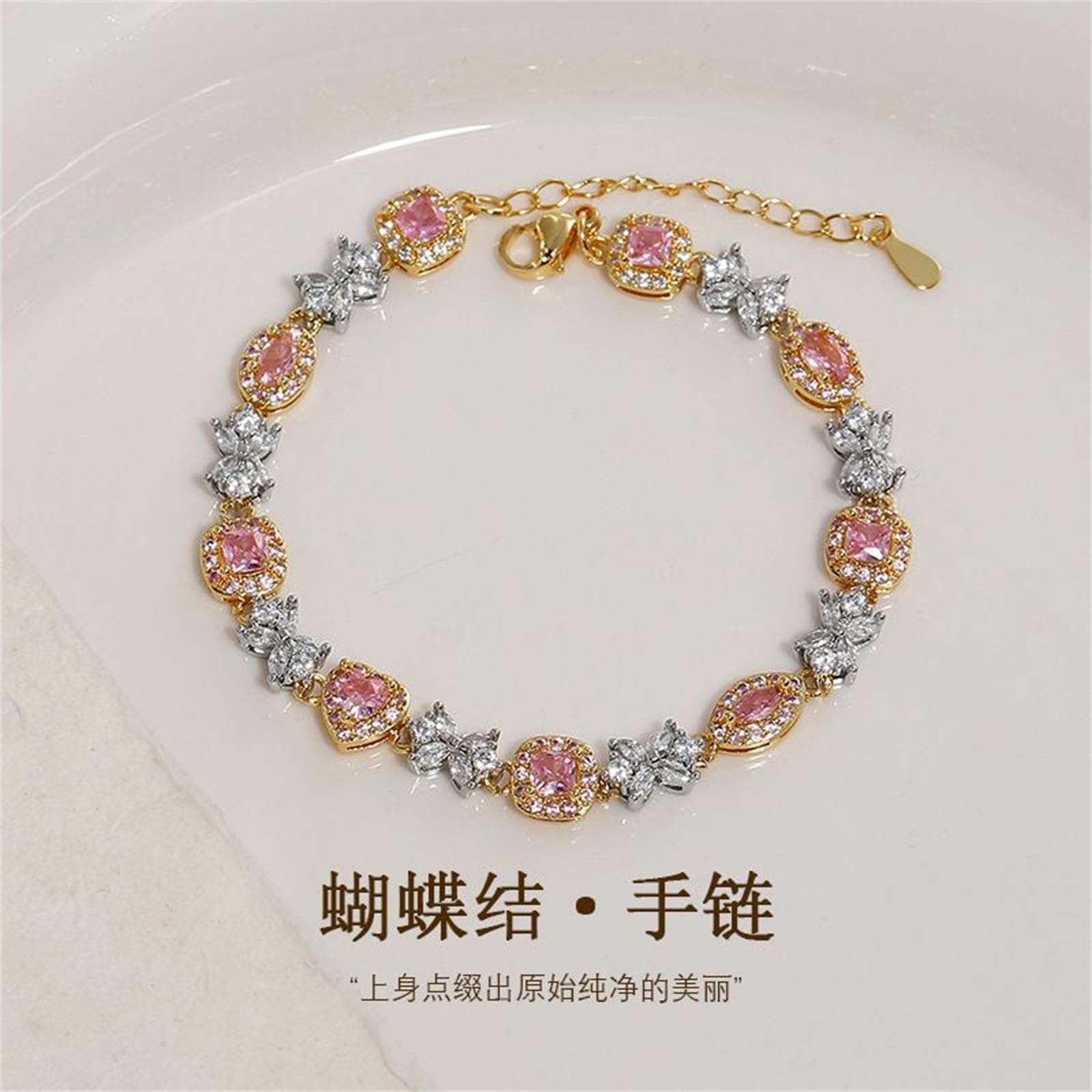 Bracciali da Donna Cubo di Zucchero Francese Giallo Giallo Rosa Zircone Bracciale A Prua da Donna Bracciale di Moda Ornamenti A Mano di Tennis-Rosa E Giallo