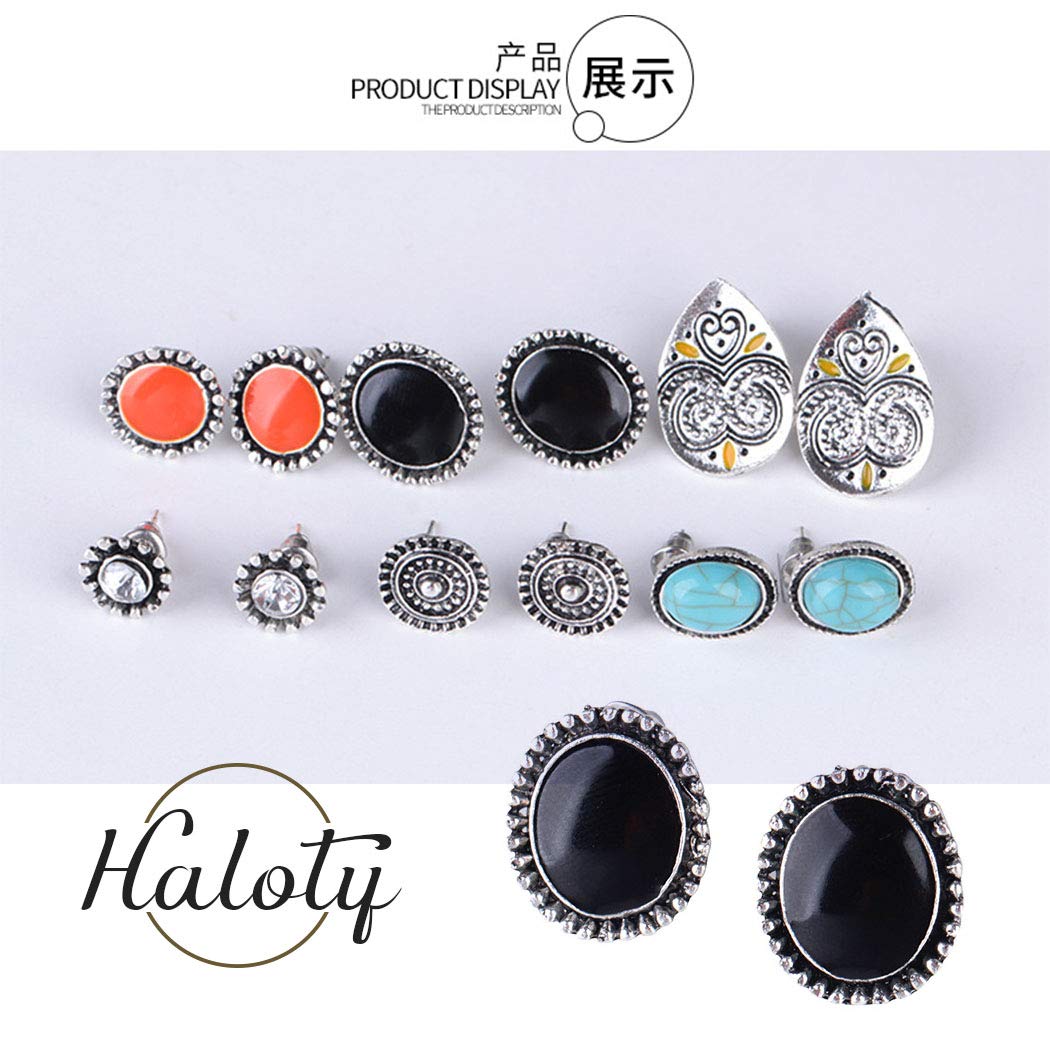 Juego de 6 pares de aretes bohemios turquesa, vintage, coloridos, aretes de Halloween, joyería para mujeres y niñas, Metal Cristal Turquesa 4