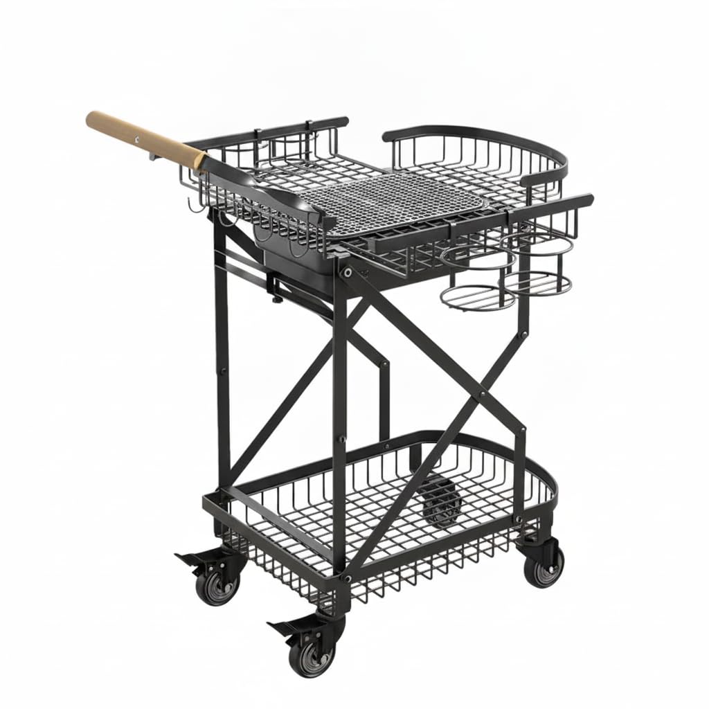 Barbacoa Carbón Portátil, Parrilla Barbacoa Exterior con Ruedas, Carrito Acero y Madera, para Camping y Jardín, Carro de barbacoa con parrilla, ganchos y portabebidas (embalaje suelto)