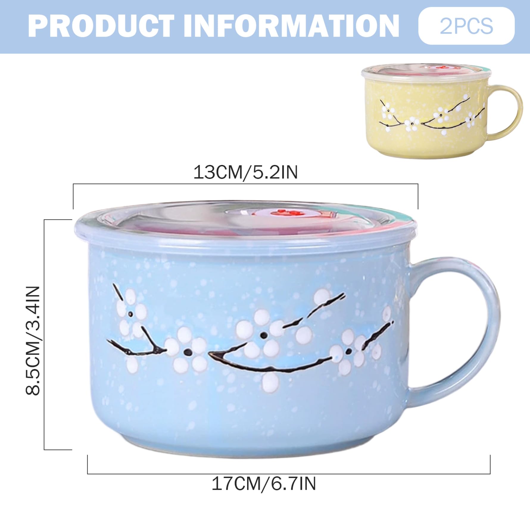 2 tazones de sopa con asas, taza de sopa de microondas resistente al calor con sellado de 800 ml / 28 oz con tapa Taza de viaje de cerámica floral invernal para ramen, fideos, gachas - Tazón de cer