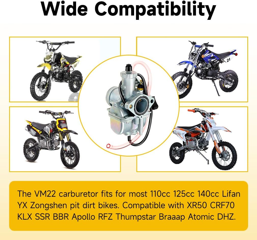 VM22 26mm Carburetor for Apollo RFZ 125cc 110cc Pit Dirt Bike Lifan YX XR50 CRF70 Zongshen Boom Vader KLX SSR BBR Thumpstar Braaap Atomic DHZ 4 Stroke 140cc Carb with Air Filter Intake Manifold Pipe