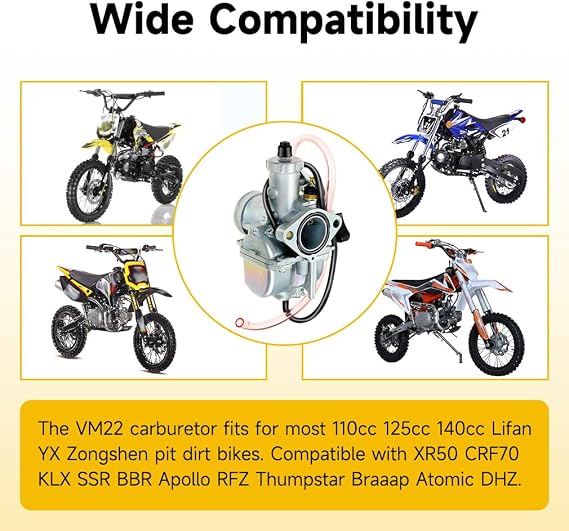 VM22 26mm Carburetor for Apollo RFZ 125cc 110cc Pit Dirt Bike Lifan YX XR50 CRF70 Zongshen Boom Vader KLX SSR BBR Thumpstar Braaap Atomic DHZ 4 Stroke 140cc Carb with Air Filter Intake Manifold Pipe