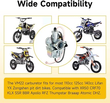 VM22 26mm Carburetor for Apollo RFZ 125cc 110cc Pit Dirt Bike Lifan YX XR50 CRF70 Zongshen Boom Vader KLX SSR BBR Thumpstar Braaap Atomic DHZ 4 Stroke 140cc Carb with Air Filter Intake Manifold Pipe