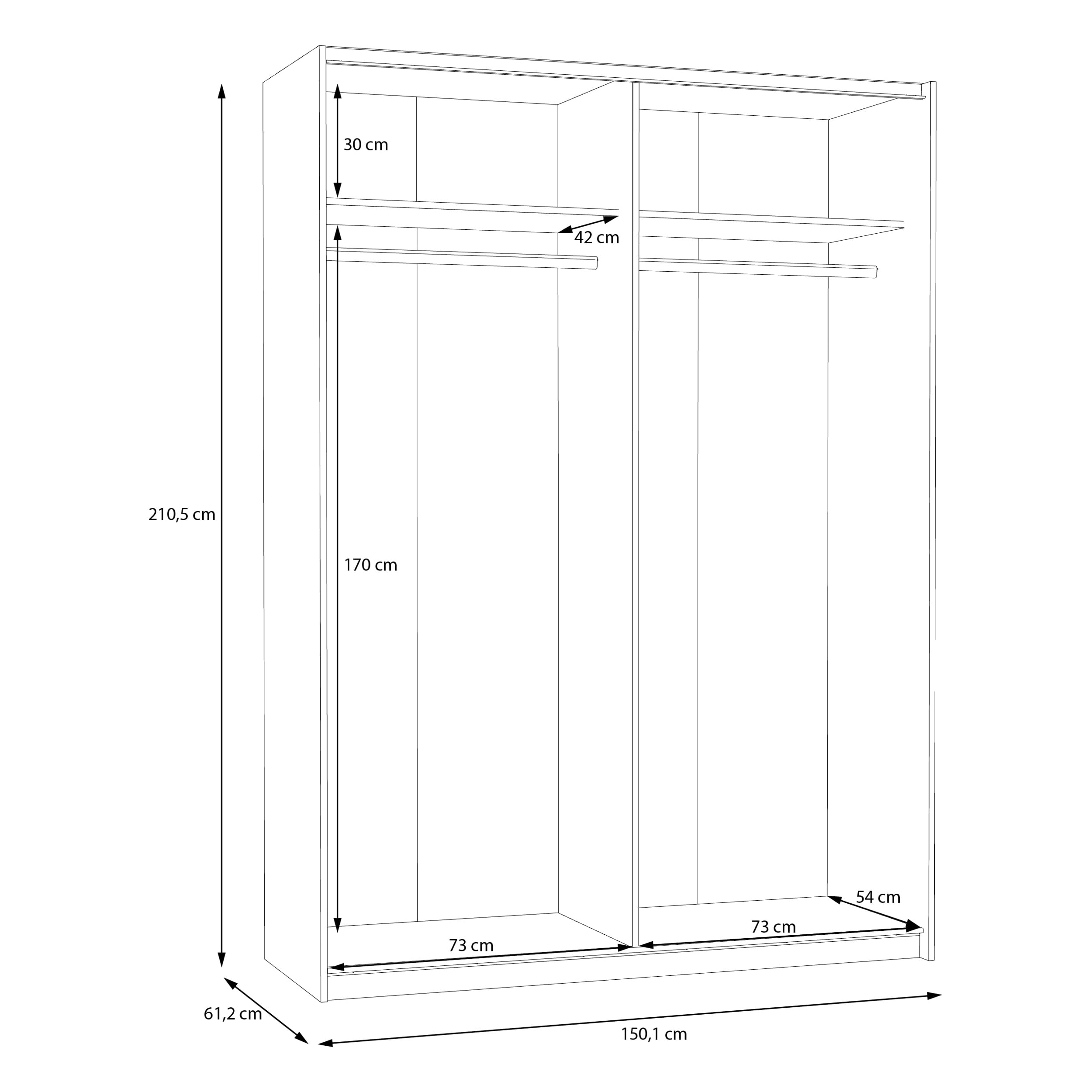 Forte Schach & MATT 2 Kleiderschrank 150, moderner, 2-türiger Schrank mit Spiegel, Holzwerkstoff, Schwebetürenschrank, Weiß, 150,1 cm breit, 210,5 cm hoch, 61,2 cm tief