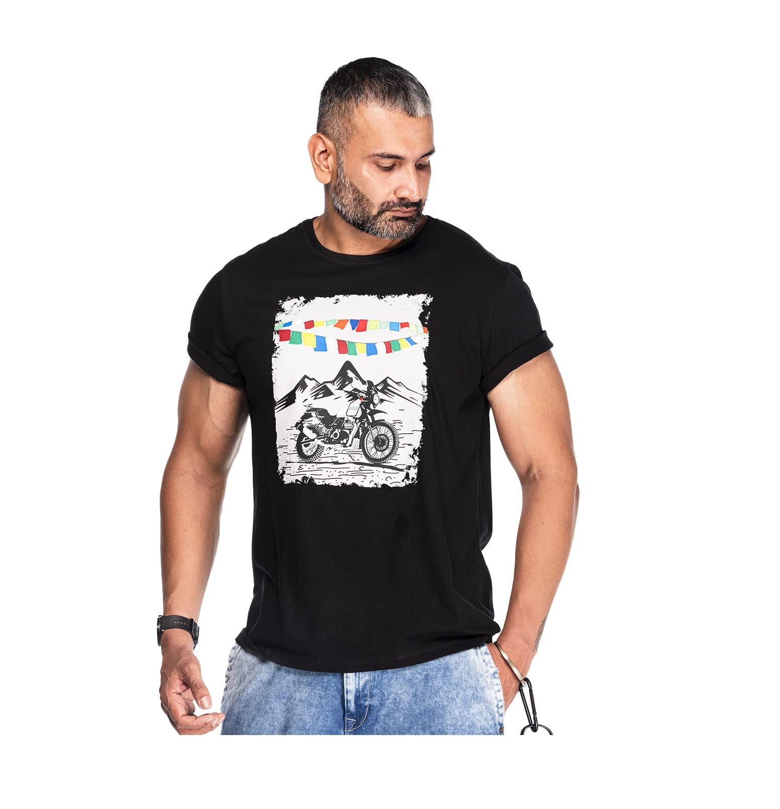 WANDERLOOMSMen's Cotton Regular Round Neck Half Sleeve Printed Mountain Strider Travel Biker T-Shirt