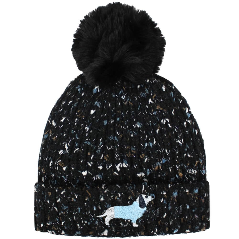 Teddyt's Women's Black Dachshund Sausage Dog Glitter Fleck Bobble Hat