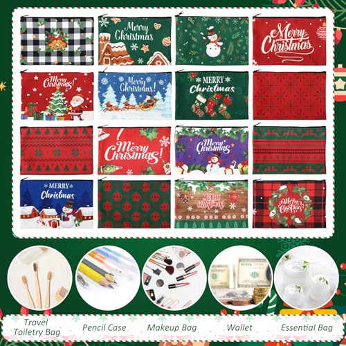 Kacctyen 16 Pcs Christmas Makeup Bag Gifts Bulk Cosmetic Bag with Zipper Santa Snowman Red and Green Travel Make up Pouch Portable Storage Pouch for Women Xmas Party Accessories(Christmas)4