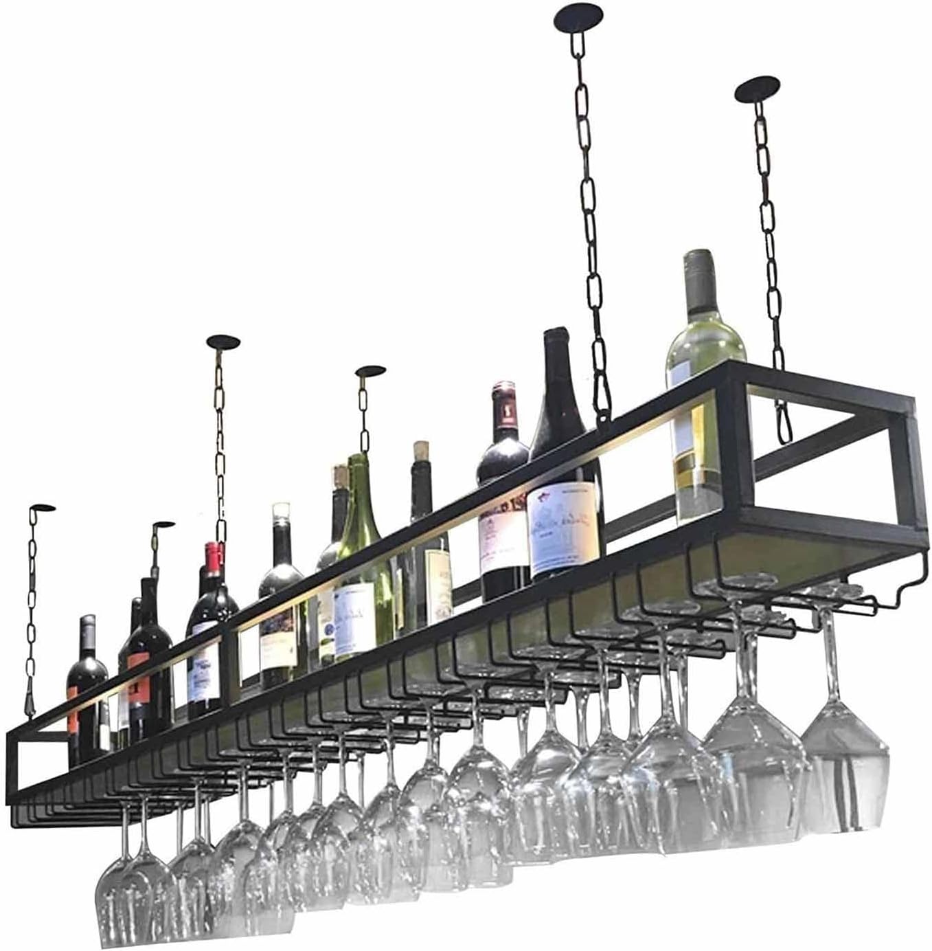 Ceiling Hanging Wine Glass Holder - Ceiling Shelf, Wall Mounted Wrought Iron Solid Wood Storage Rack, Ceiling Mounted Wine Rack, Hanging Plant Shelf with Railing, Easy to Install (Size : 60)