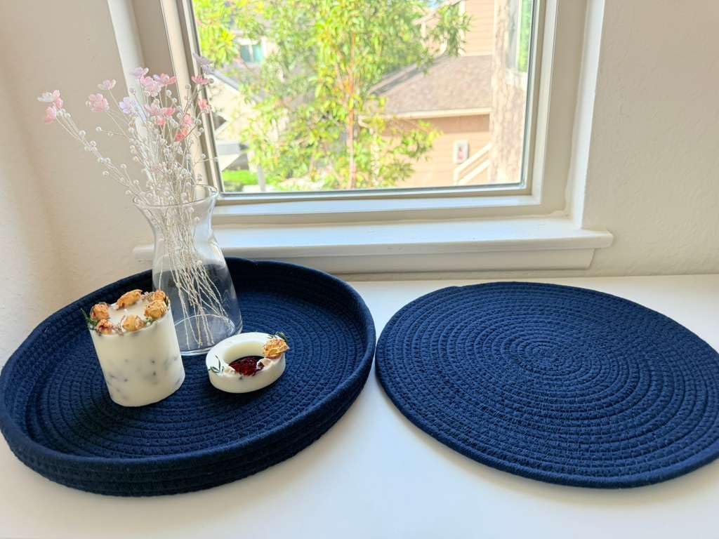 Woven Cotton Place mats,Round,Navy Blue,Natural Rope Design, Set of 5, Tabletop Decor (Navy Blue)