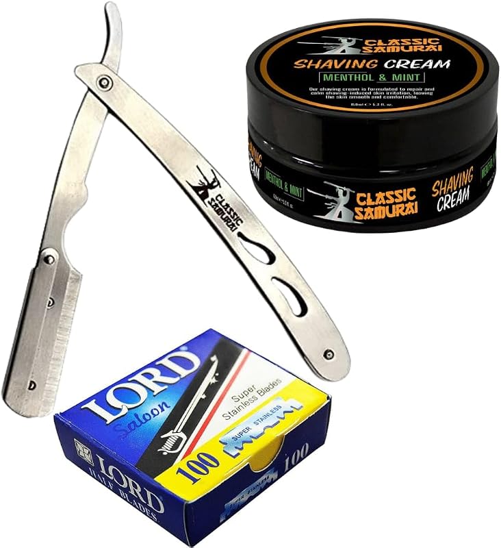Navalha de barbear CS-102 Classic Samurai em aço inoxidável com 100 lâminas de corte único e creme de barbear com mentol 150 mL
