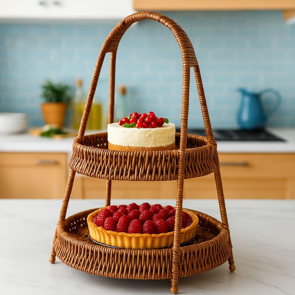 Kosova Wicker Serisi Hasır Örme 2 Katlı Sunumluk