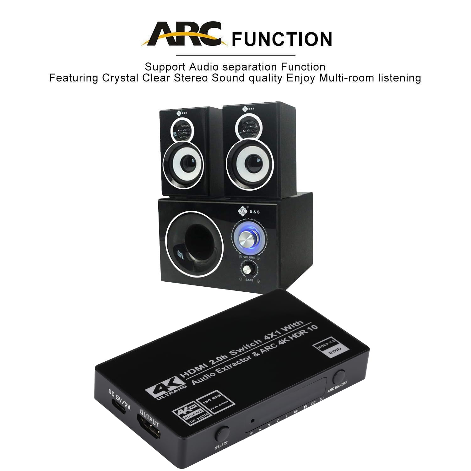 HDMI Switch 4x1 with Audio Extractor, 4K@60Hz Ultra HD HDMI Switcher with Optical TOSLINK SPDIF, 3.5mm Audio Support Arc Function, 3D, 1080P @120Hz, 4Kx2k @60Hz HDTV (IR Wireless Remote Control)