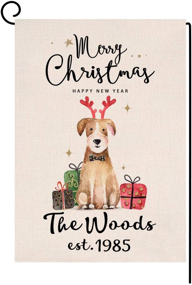BLKWHT Personalized Last Name Garden Flag - Custom Merry Christmas Dog Small Garden Flag Vertical Double Sided Happy New Year Burlap Yard Outdoor Decor 12.5 x 18 Inches (196533)