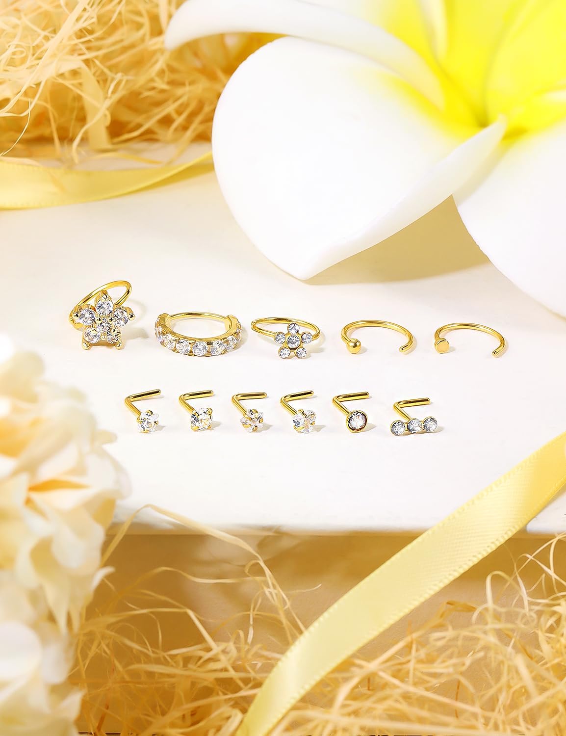 18G 20G Nose Rings Surgical Steel Nose Rings Hoop for Women Men Paved CZ Flower Nostril Piercing Jewelry L Shaped Nostril Ring Stud Set
