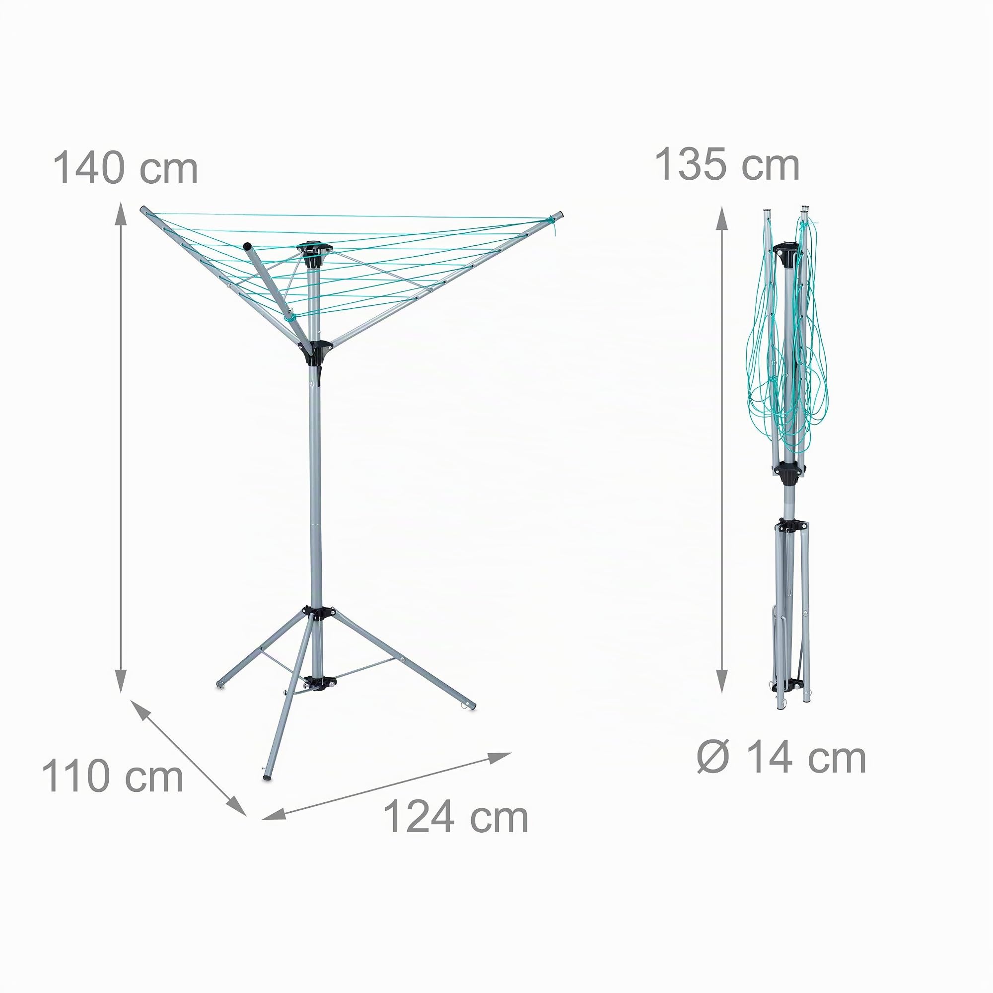 Relaxdays Sèche Linge Rotatif, Ligne de 15 m, Jardin et Camping, Pliable, Socle, étendoir de Balcon, H:140cm;argenté