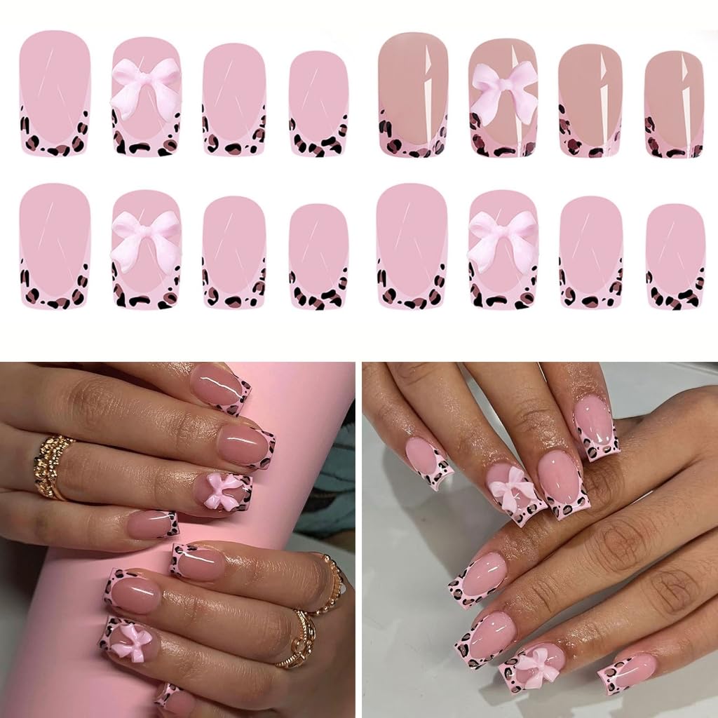Pack of 24 Glossy with Bows Dots Pattern Short French Tip Square Shape False Nails for Women