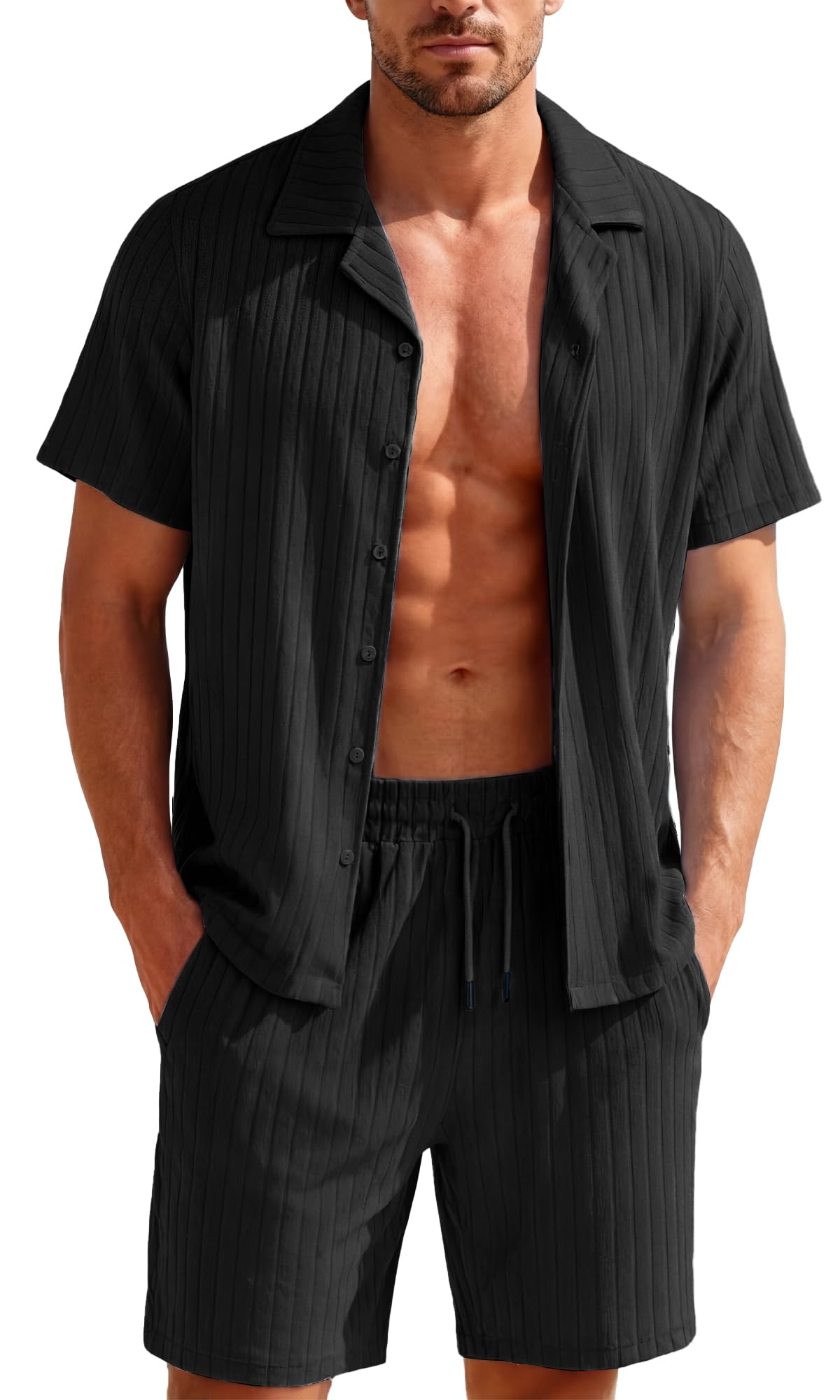 FEOYA Męski dres treningowy, 2-częściowy zestaw letni, z krótkim rękawem, listwa guzikowa, koszula i szorty, luźny strój w paski, na urlop, na plażę i do wypoczynku, strój do biegania