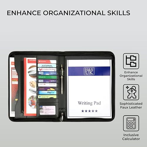 Miniatura 3 de H&S Carpeta de cartera A4 con mecanismo de carpeta de anillas – Padfolio de cuero para conferencias con bloc de escritura legal – Carpeta de