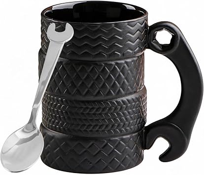 LOZACHE 3D Tire Funny Coffee Mug with Spoon & Handle, 500ml Large Novelty Ceramic Tea Mug Milk Cup Cool Car Lovers Gifts for Men Mechanic Drviers Dad Brothers Cool Birthday Present Black 01