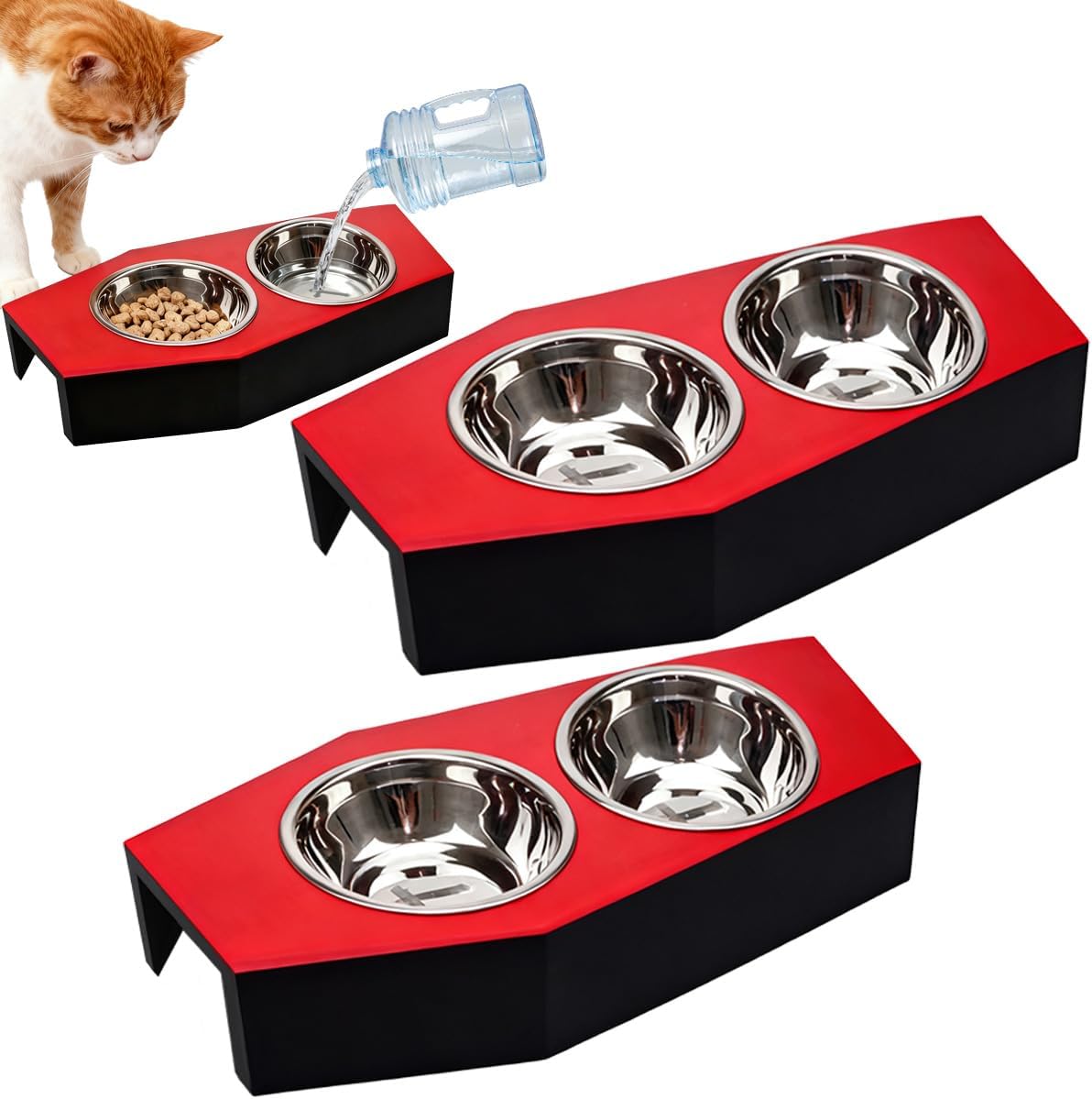 Gothic Cat Food Bowl 2Pcs Raised Elevated Wooden Coffin Cat Bowl for Indoor Kitty Feeder Suitable for Kittens with 4Stainless Steel Food Water Supplies for Christmas Halloween Animal Lovers Gift