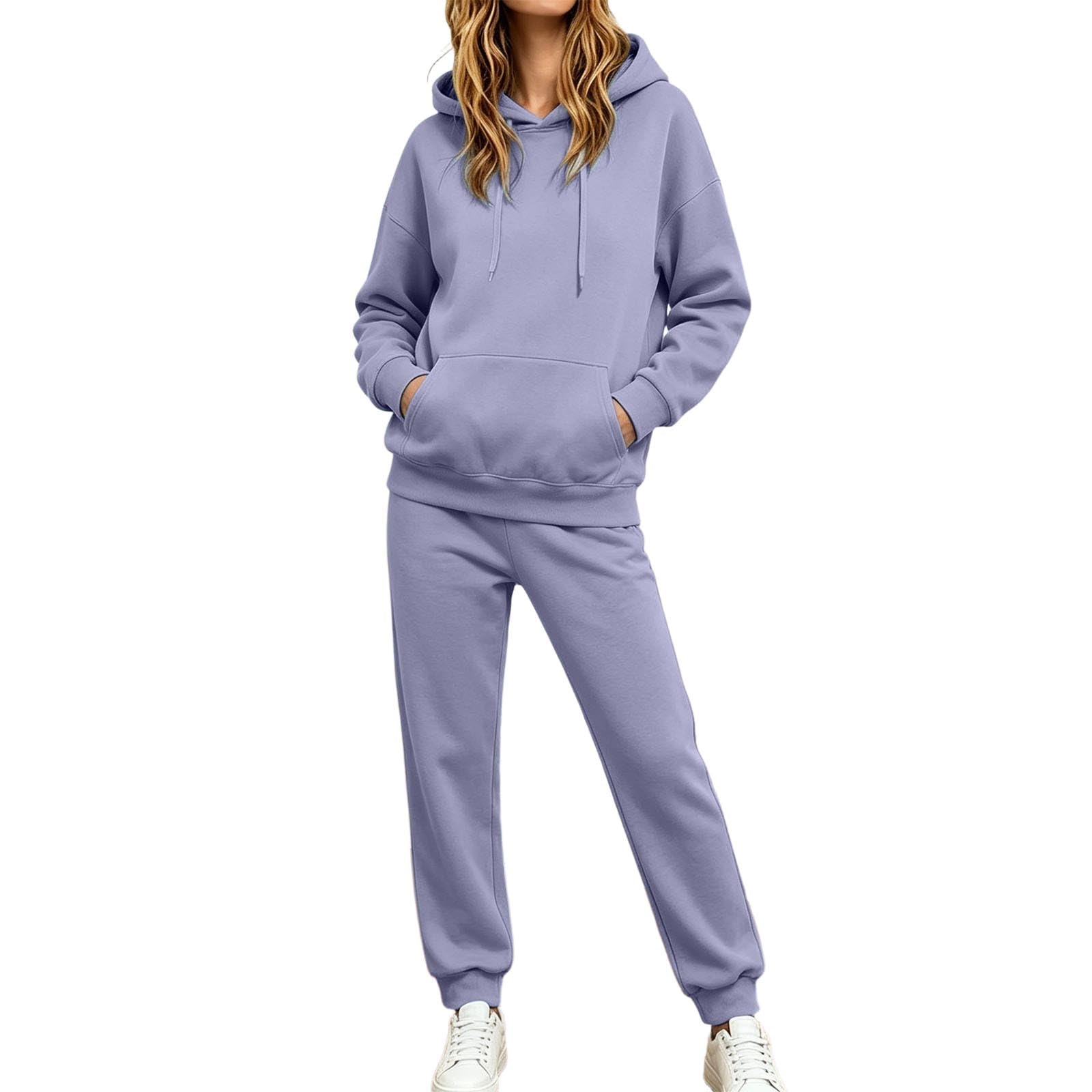 Tuta sportiva da donna, tinta unita, 2 pezzi, tuta da jogging, felpa con cappuccio e gamba dritta, tuta sportiva per il tempo libero, comoda tuta da fitness, casual, a maniche lunghe