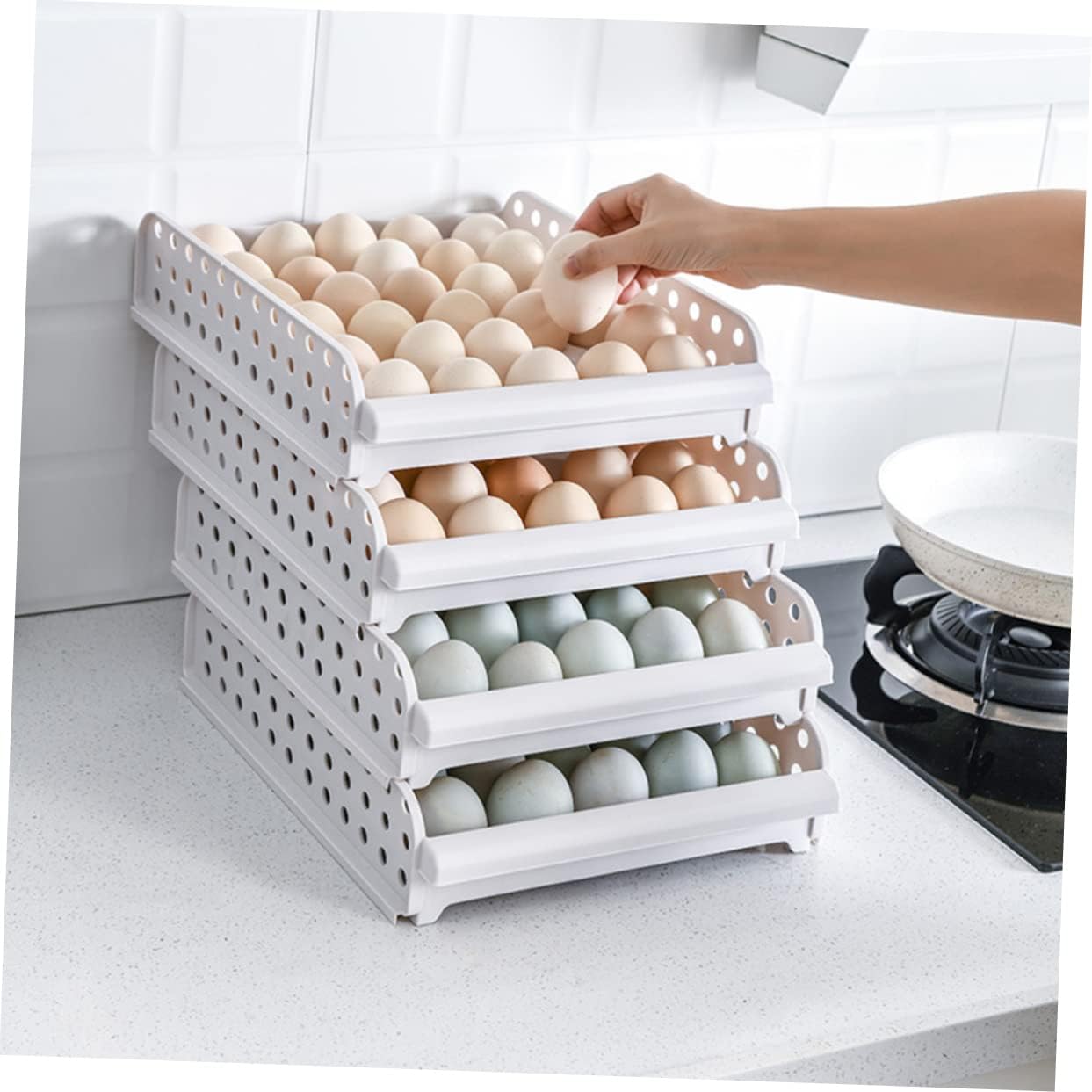 Stackable Egg Storage Box 30 Grids Egg Container for Refrigerator Detachable Inner Tray for Home Kitchen (White 2-Layer)