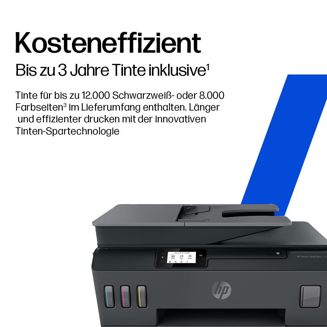 HP Smart Tank Plus 570 3-in-1 Multifunktionsdrucker (WLAN; ADF; Touchscreen) – 3 Jahre Tinte inklusive, 3 Jahre Garantie, großer Tintentank, hohe Reichweite, Drucken in hoher Qualität