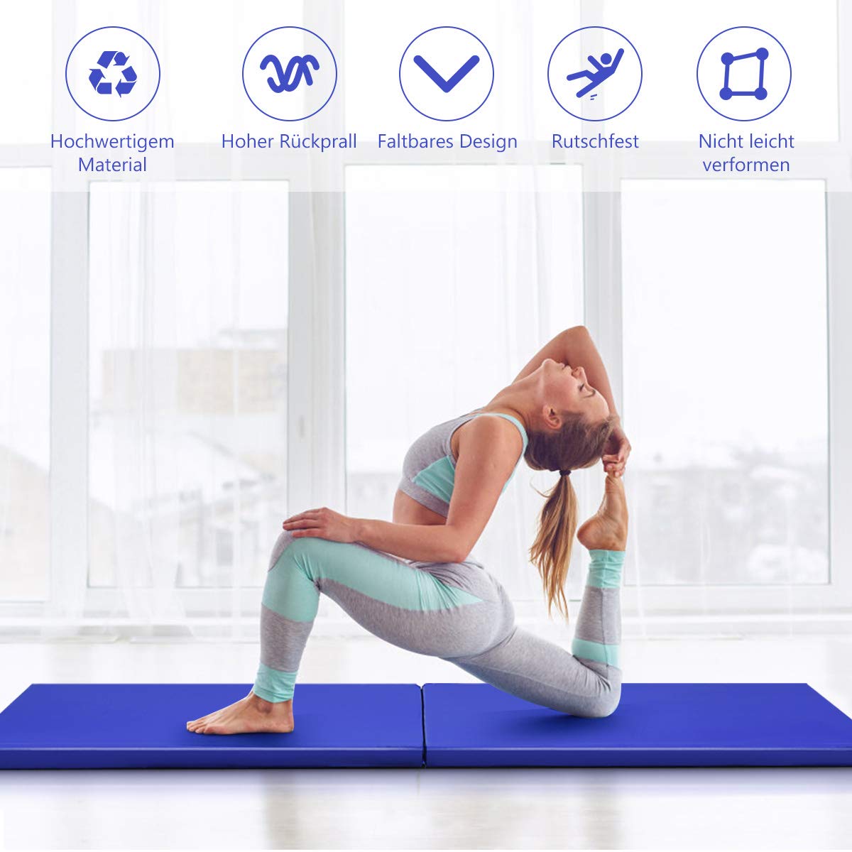GYMAX Klappbare Trainingsmatte 180 x 60 x 4 cm, Turnmatte mit Griff, Fitnessmatte, Weichbodenmatte mit Kunstleder-Oberfläche & Schaumstoff, Gymnastikmatte für Gymnastik, Yoga & Pilates